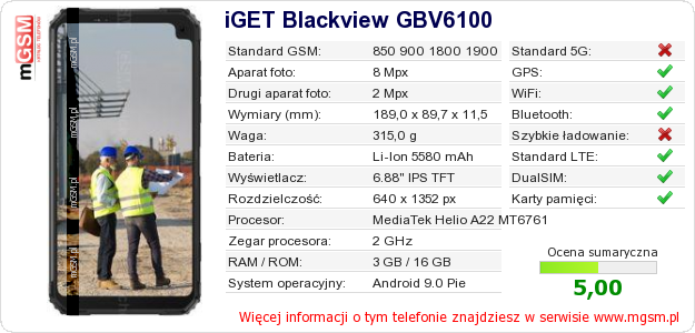 Dane telefonu iGET Blackview GBV6100