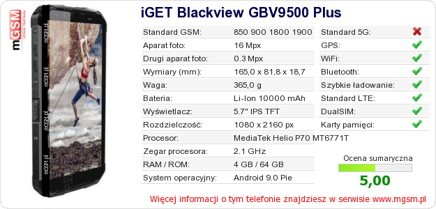 Dane telefonu iGET Blackview GBV9500 Plus