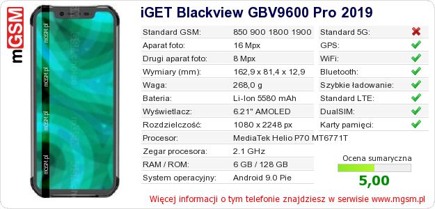 Dane telefonu iGET Blackview GBV9600 Pro 2019 Dane telefonu iGET Blackview GBV9600 Pro 2019