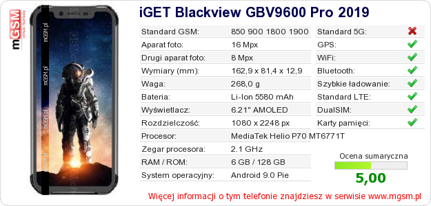 Dane telefonu iGET Blackview GBV9600 Pro 2019