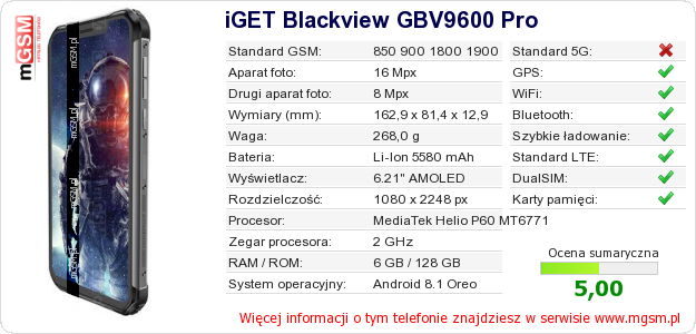 Dane telefonu iGET Blackview GBV9600 Pro