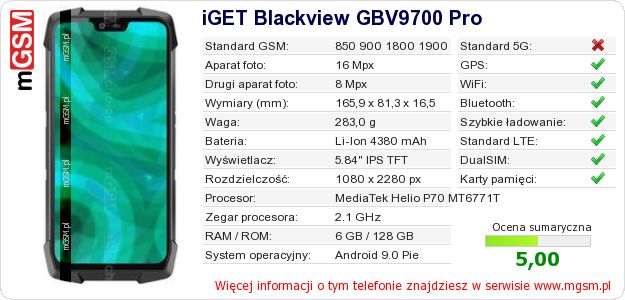Dane telefonu iGET Blackview GBV9700 Pro