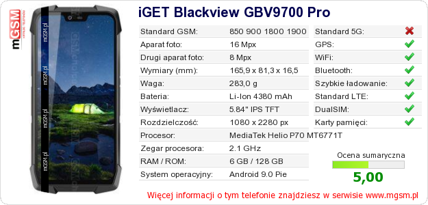 Dane telefonu iGET Blackview GBV9700 Pro