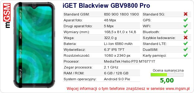 Dane telefonu iGET Blackview GBV9800 Pro Dane telefonu iGET Blackview GBV9800 Pro