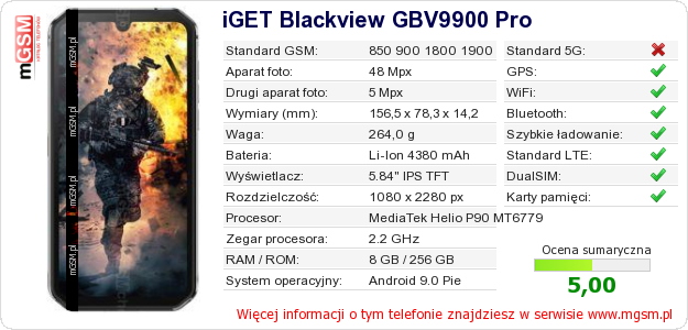Dane telefonu iGET Blackview GBV9900 Pro