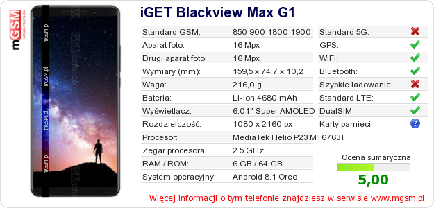 Dane telefonu iGET Blackview Max G1
