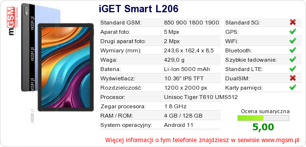 Dane telefonu iGET Smart L206