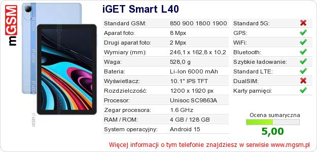 Dane telefonu iGET Smart L40