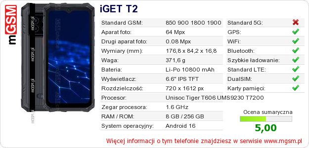 Dane telefonu iGET T2
