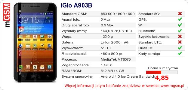 Dane telefonu iGlo A903B Dane telefonu iGlo A903B