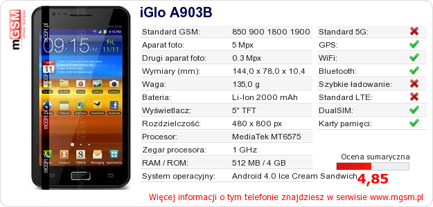 Dane telefonu iGlo A903B