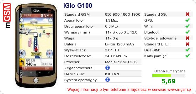 Dane telefonu iGlo G100 Dane telefonu iGlo G100