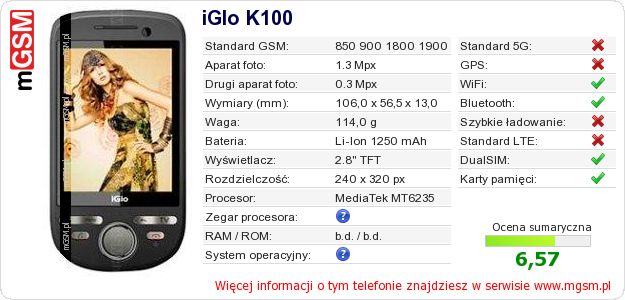Dane telefonu iGlo K100 Dane telefonu iGlo K100