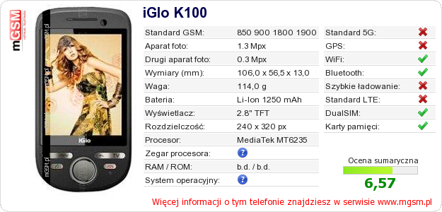 Dane telefonu iGlo K100 Dane telefonu iGlo K100
