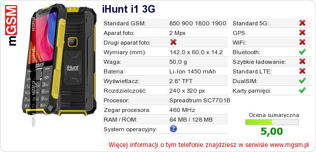 Dane telefonu iHunt i1 3G