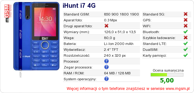Dane telefonu iHunt i7 4G