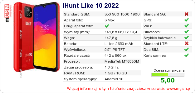 Dane telefonu iHunt Like 10 2022