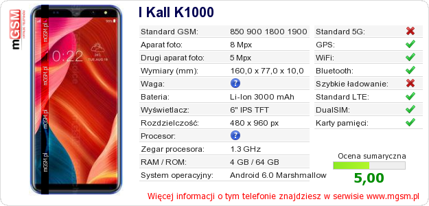 Dane telefonu I Kall K1000