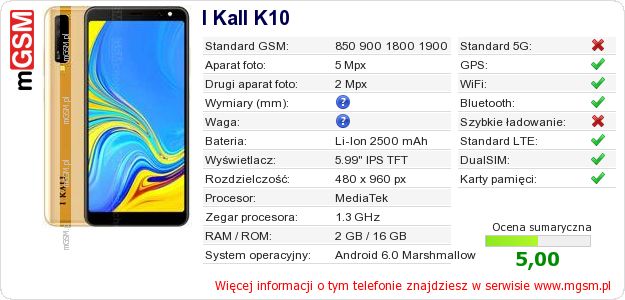 Dane telefonu I Kall K10 Dane telefonu I Kall K10