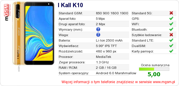 Dane telefonu I Kall K10 Dane telefonu I Kall K10