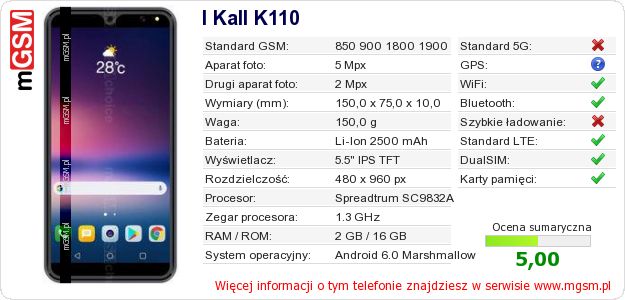 Dane telefonu I Kall K110