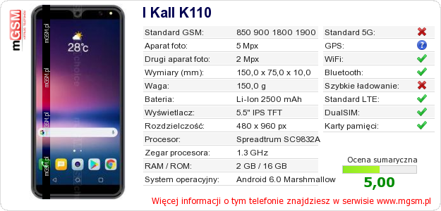 Dane telefonu I Kall K110