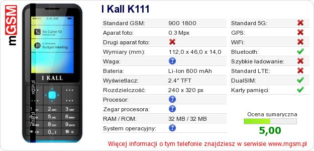 Dane telefonu I Kall K111 Dane telefonu I Kall K111