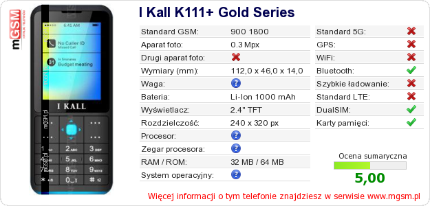 Dane telefonu I Kall K111+ Gold Series