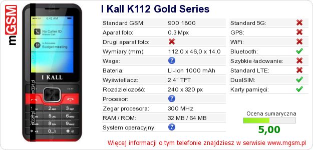Dane telefonu I Kall K112 Gold Series
