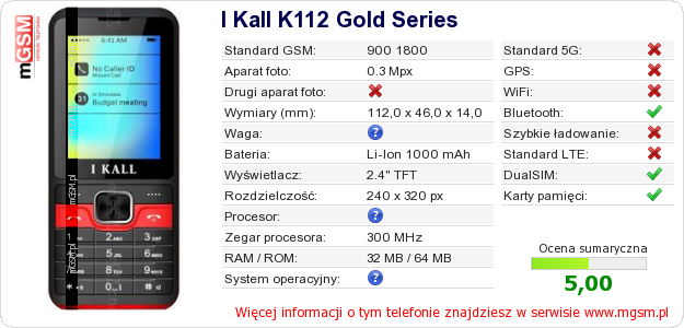 Dane telefonu I Kall K112 Gold Series