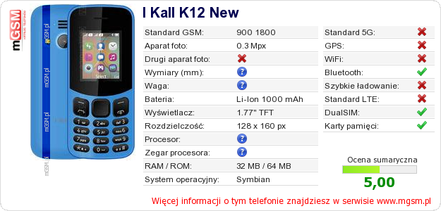 Dane telefonu I Kall K12 New Dane telefonu I Kall K12 New