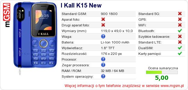 Dane telefonu I Kall K15 New Dane telefonu I Kall K15 New