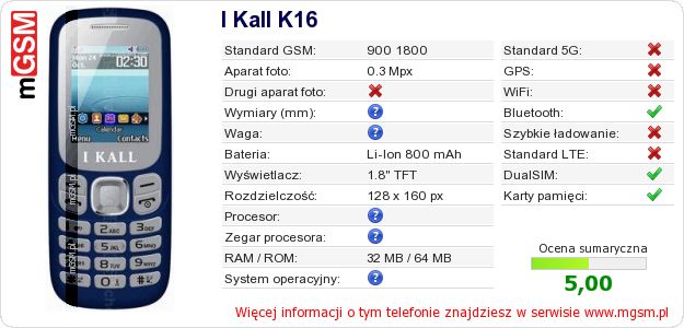 Dane telefonu I Kall K16 Dane telefonu I Kall K16