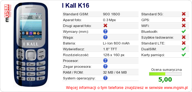 Dane telefonu I Kall K16