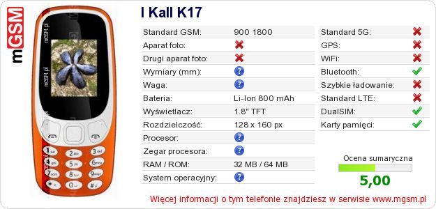 Dane telefonu I Kall K17