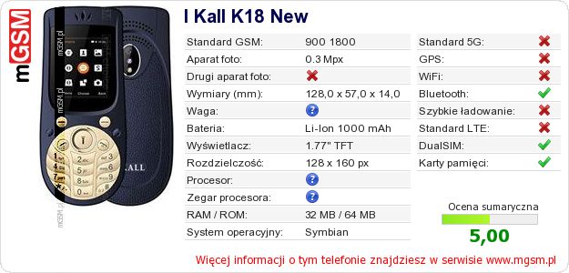 Dane telefonu I Kall K18 New Dane telefonu I Kall K18 New
