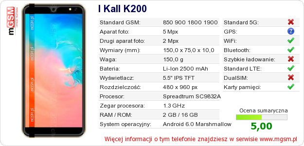 Dane telefonu I Kall K200