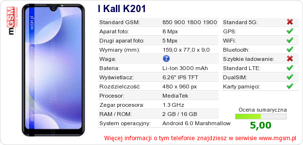 Dane telefonu I Kall K201