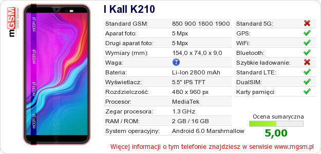 Dane telefonu I Kall K210