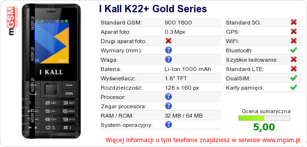 Dane telefonu I Kall K22+ Gold Series