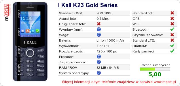 Dane telefonu I Kall K23 Gold Series