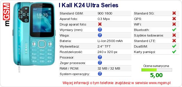 Dane telefonu I Kall K24 Ultra Series Dane telefonu I Kall K24 Ultra Series