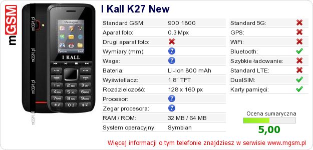 Dane telefonu I Kall K27 New Dane telefonu I Kall K27 New