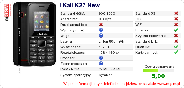 Dane telefonu I Kall K27 New