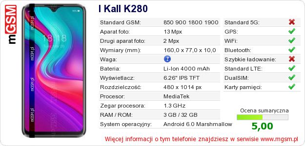 Dane telefonu I Kall K280