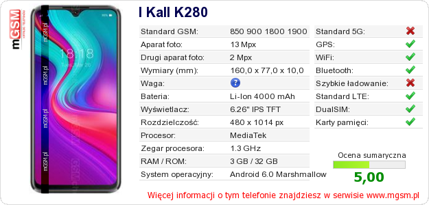 Dane telefonu I Kall K280
