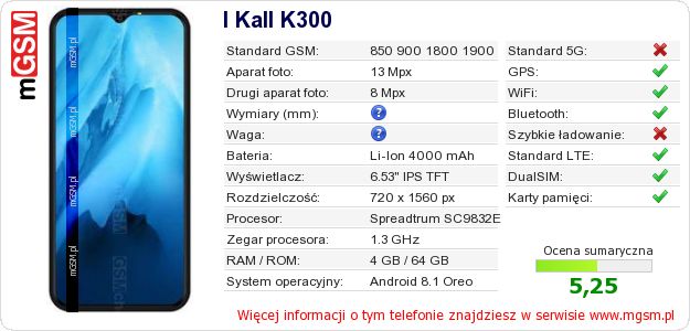 Dane telefonu I Kall K300