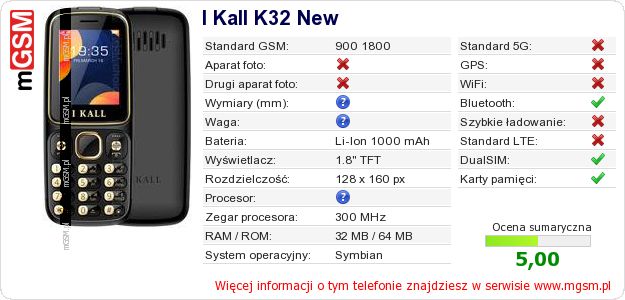 Dane telefonu I Kall K32 New
