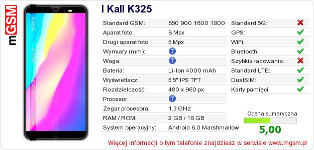 Dane telefonu I Kall K325