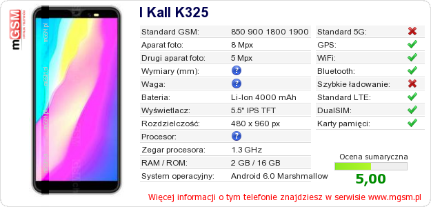 Dane telefonu I Kall K325
